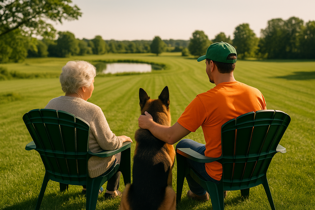 Senior and dog enjoying a freshly cut yard